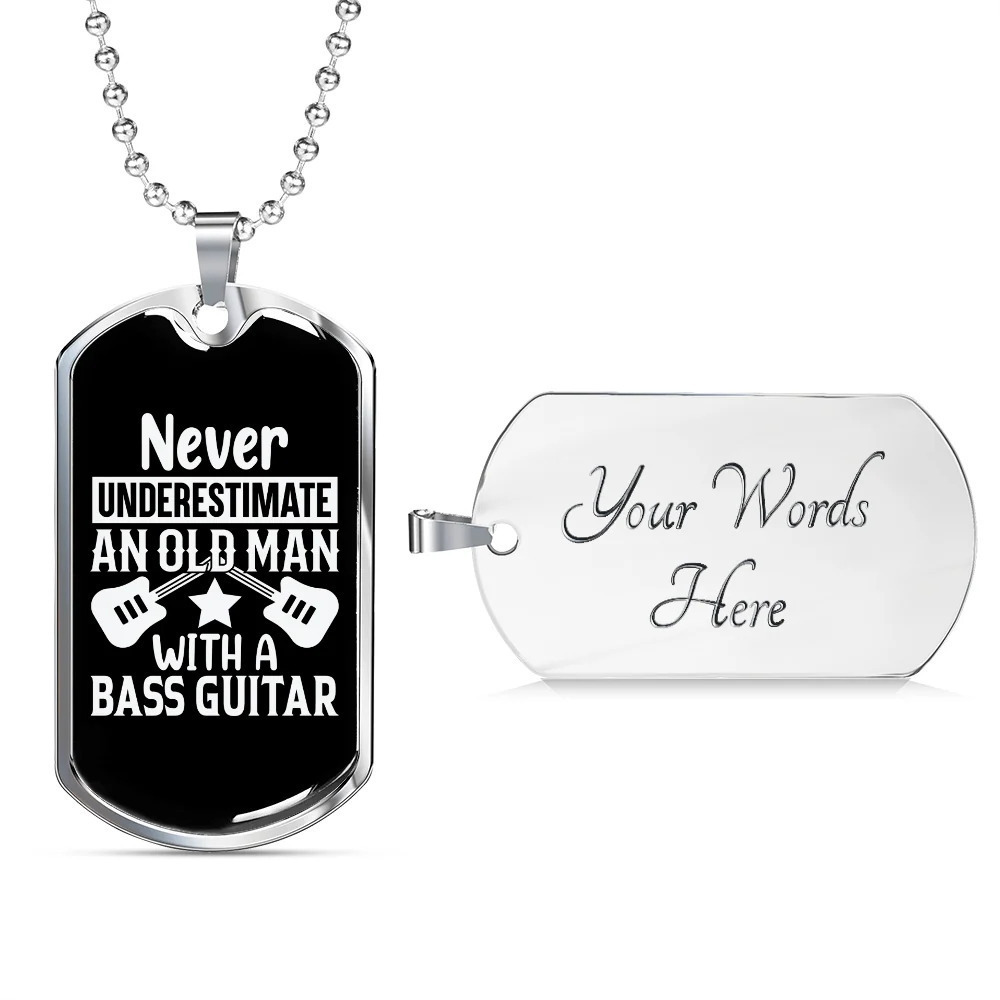 Musician Necklace Old Man With Base Guitar Personalized Engraved Silver Dog Tag
